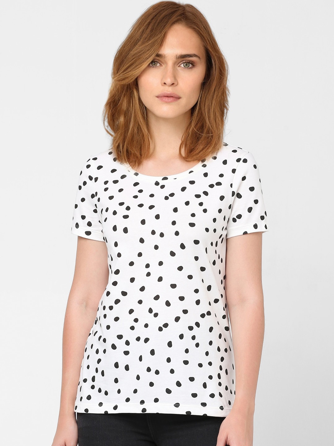 

Vero Moda Women White & Black Polka Dot Printed Cotton T-shirt