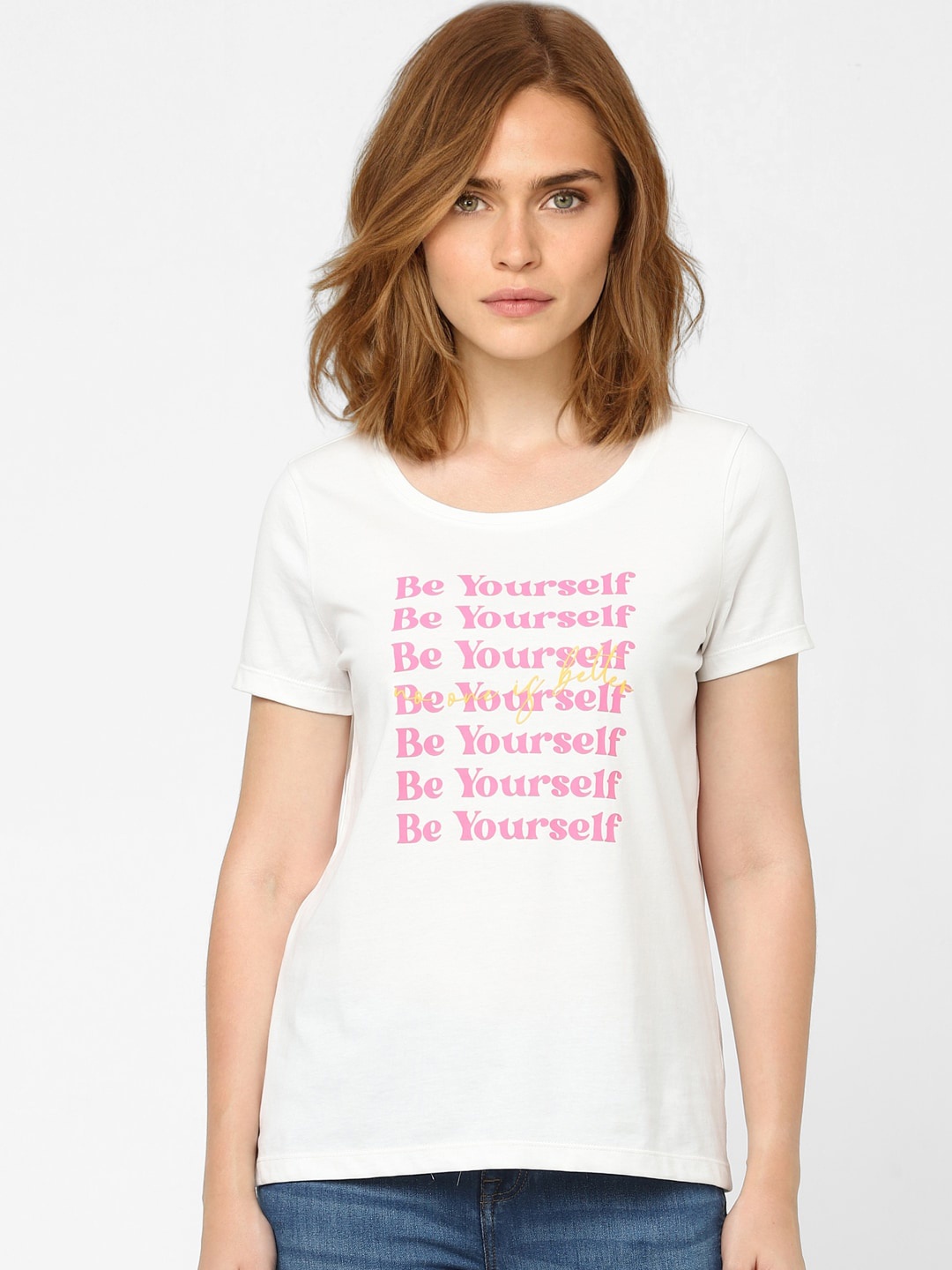 

Vero Moda Women White & Pink Typography Printed T-shirt