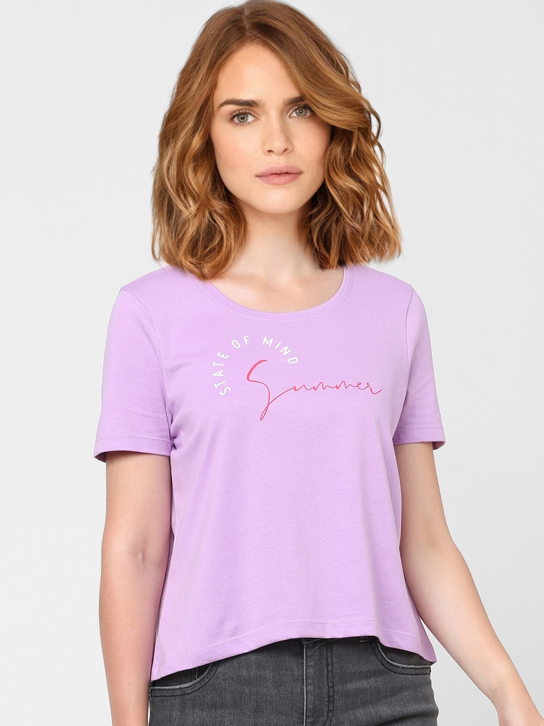 Vero Moda Women Purple & White Typography Printed Cotton T-shirt