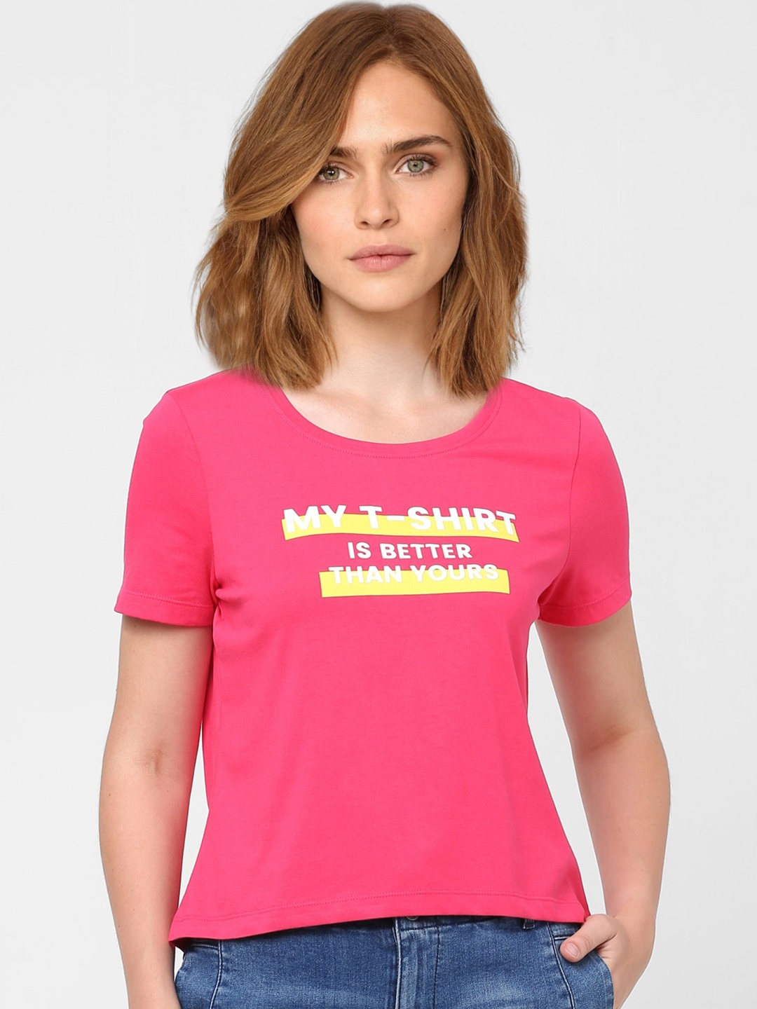 

Vero Moda Women Pink Typography Printed Cotton T-shirt