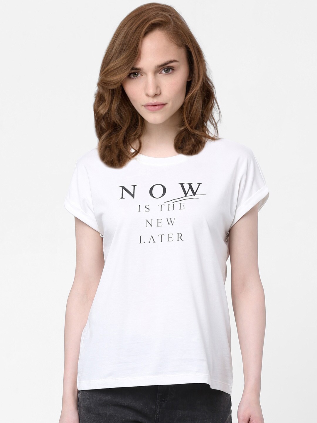 

Vero Moda Women White & Black Typography Printed Extended Sleeves Cotton T-shirt