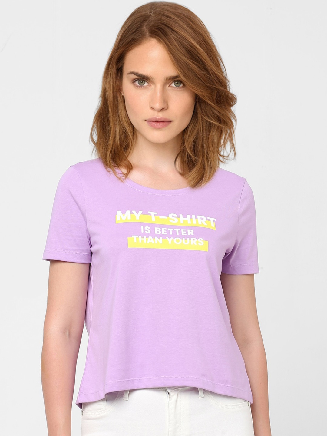 

Vero Moda Women Lavender Typography Printed Cotton T-shirt