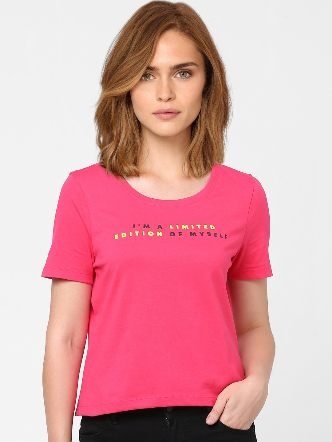 

Vero Moda Women Fuchsia Pink & Yellow Typography Printed Cotton T-shirt
