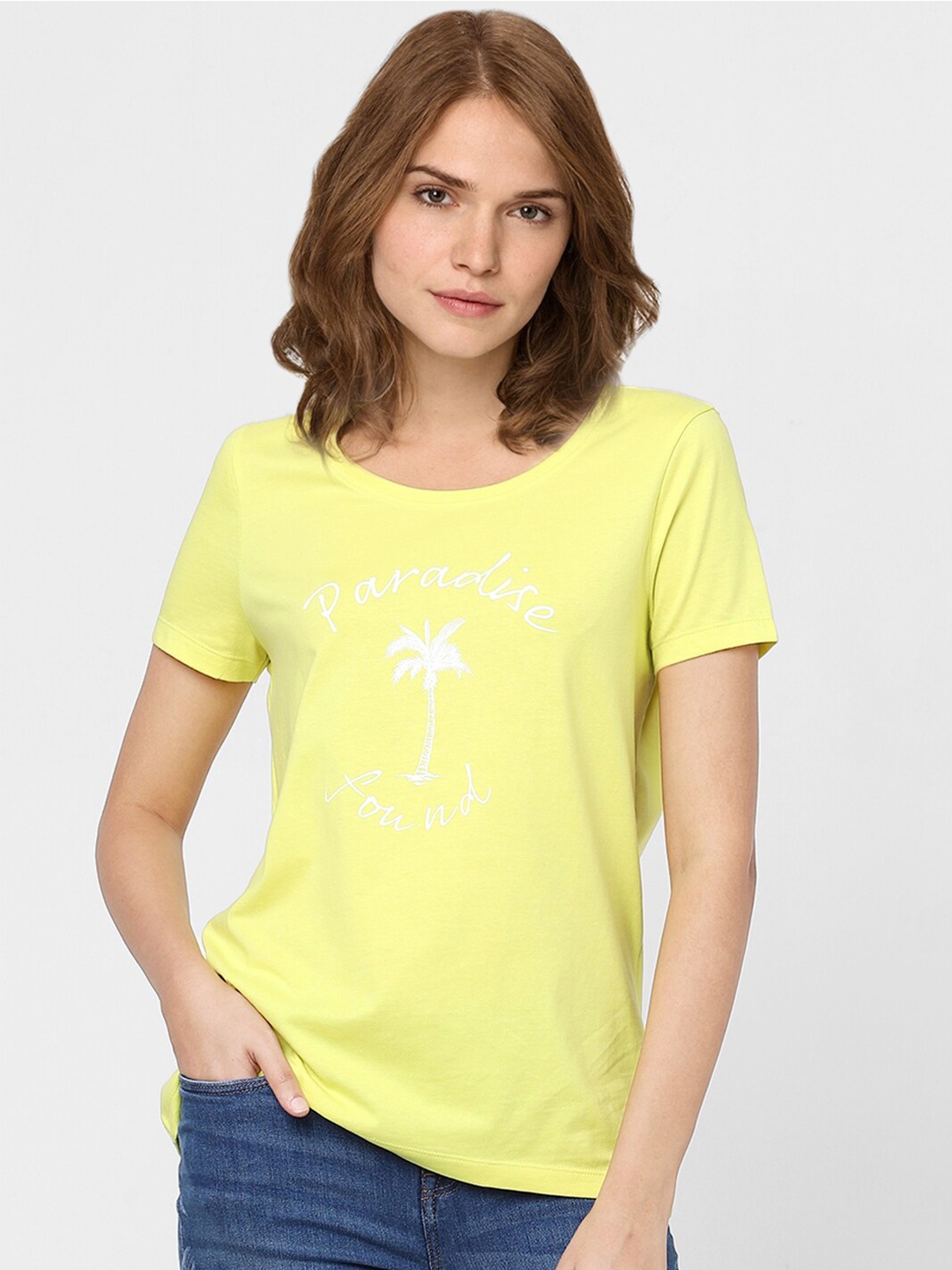 

Vero Moda Women Yellow Typography Printed Cotton T-shirt