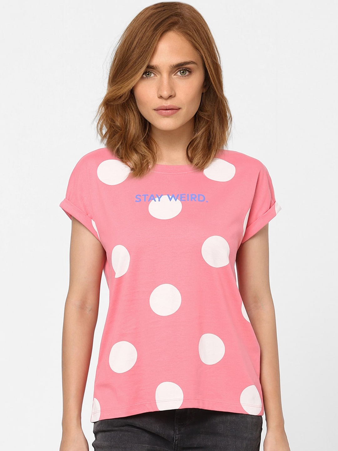 

Vero Moda Women Pink & White Printed Extended Sleeves Cotton T-shirt