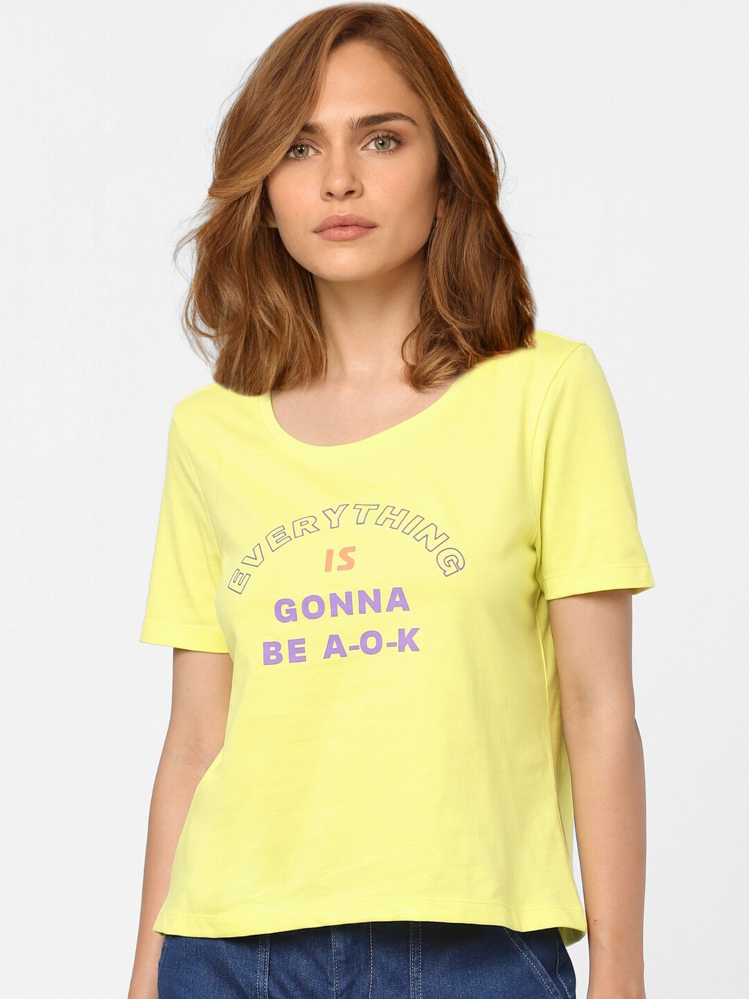

Vero Moda Women Yellow Typography Printed Cotton T-shirt