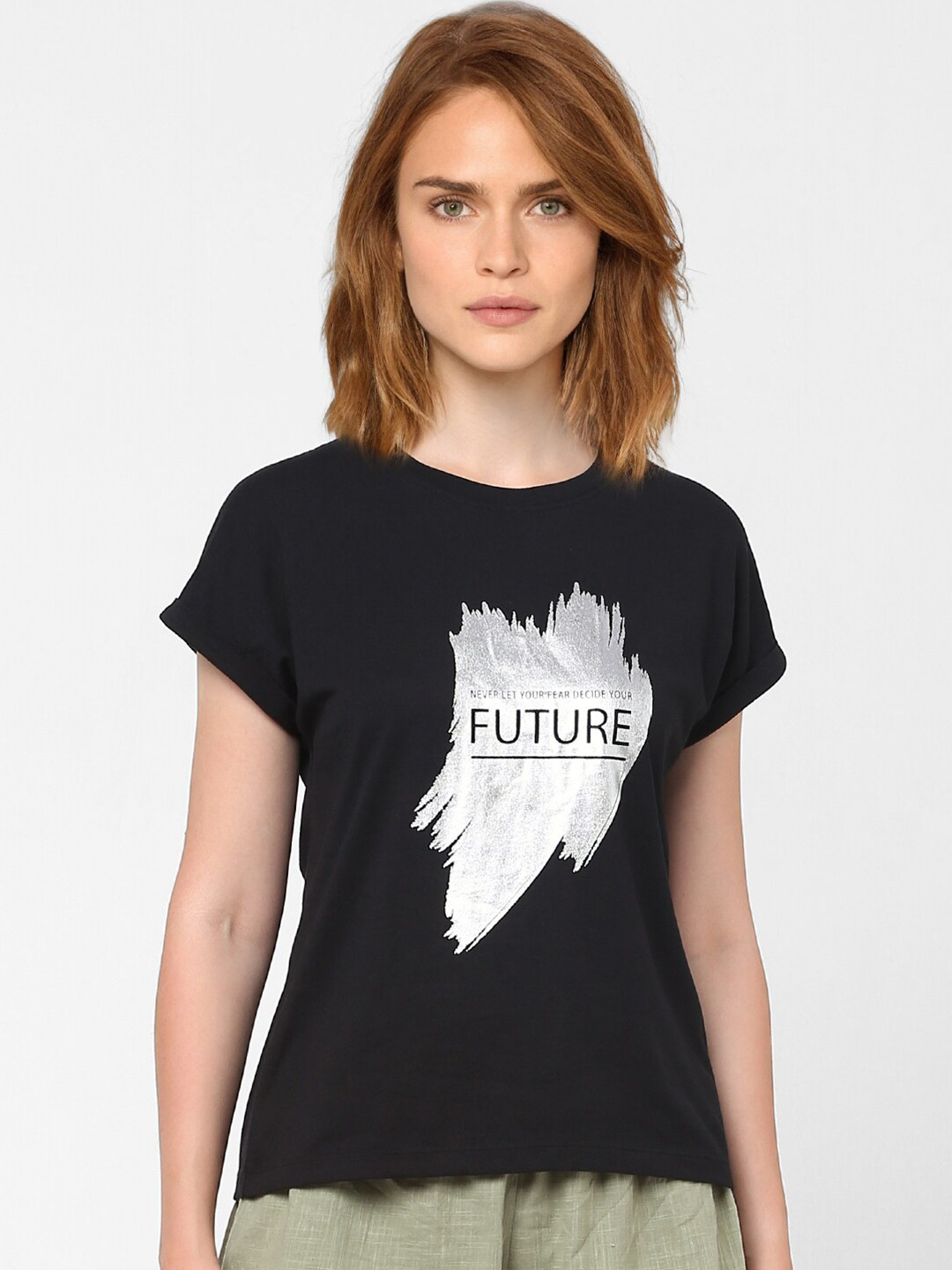 

Vero Moda Women Black Printed Cotton T-shirt