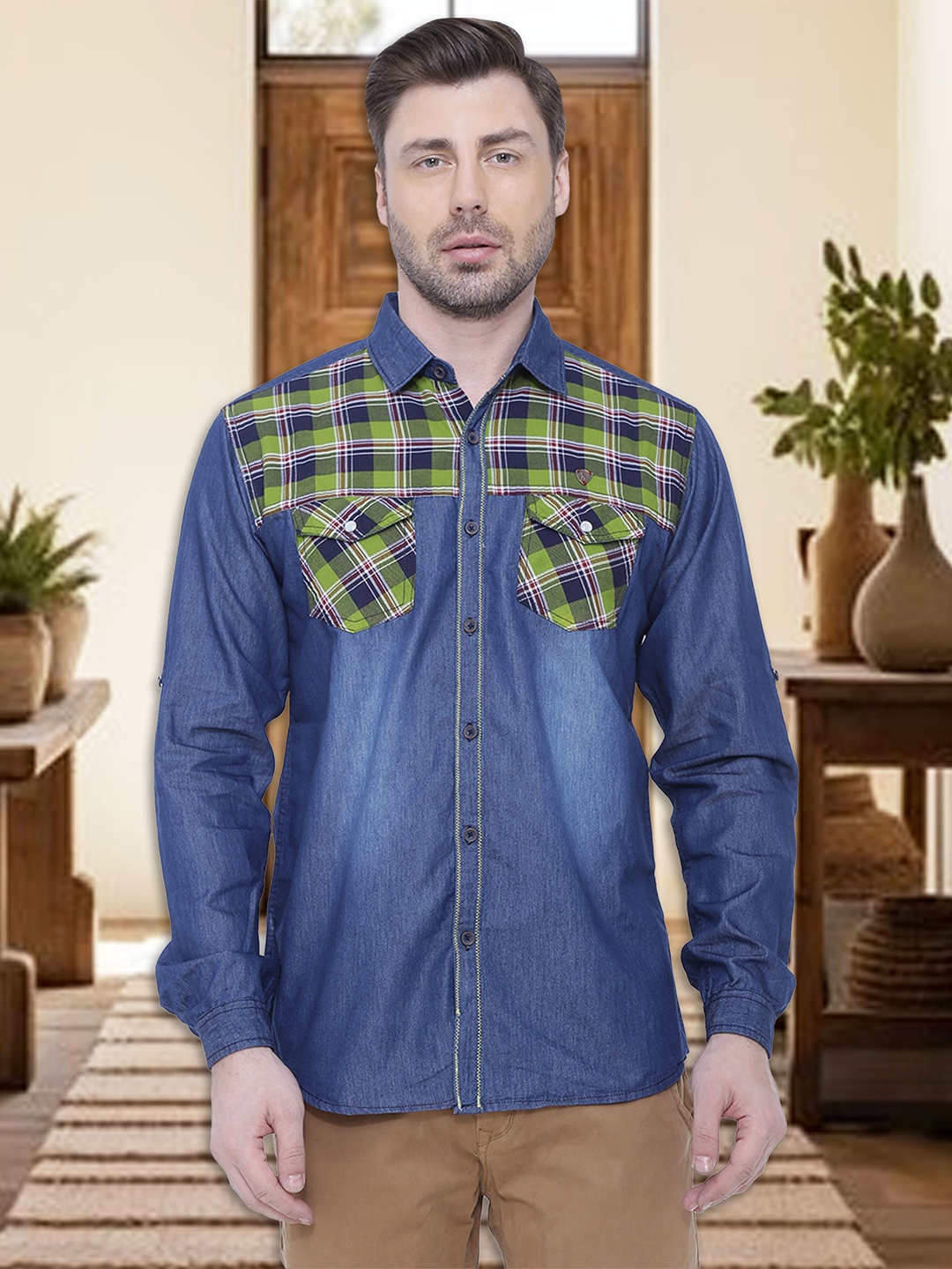 Kuons Avenue Men Blue Smart Slim Fit Checked Denim Casual Shirt