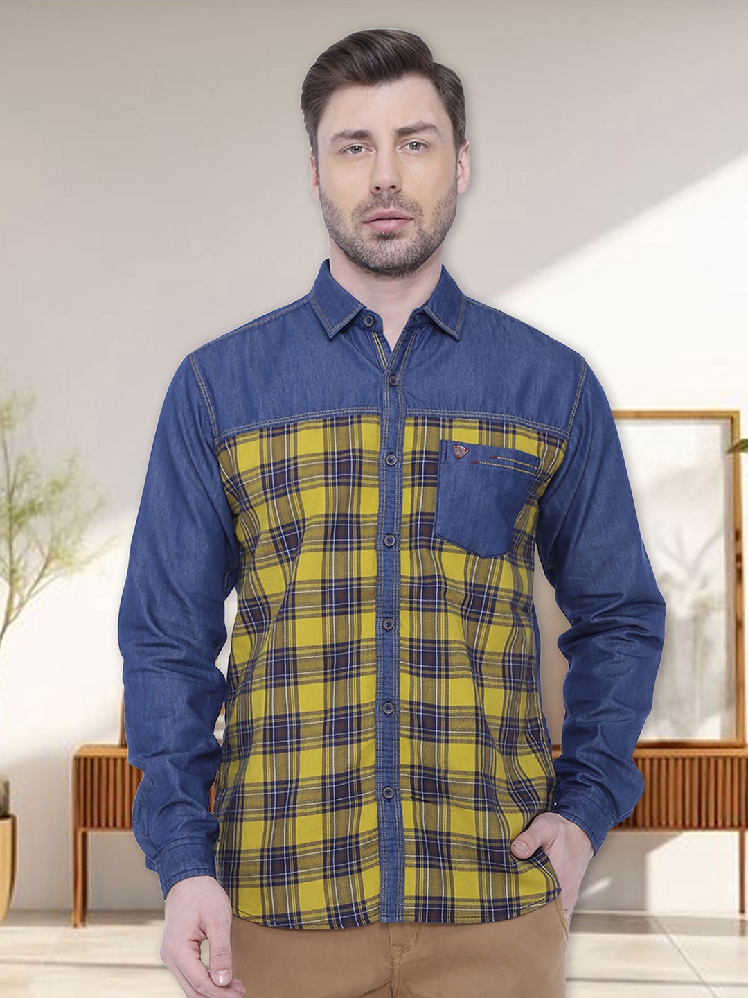 

Kuons Avenue Men Yellow & Blue Smart Slim Fit Checked Cotton Casual Shirt