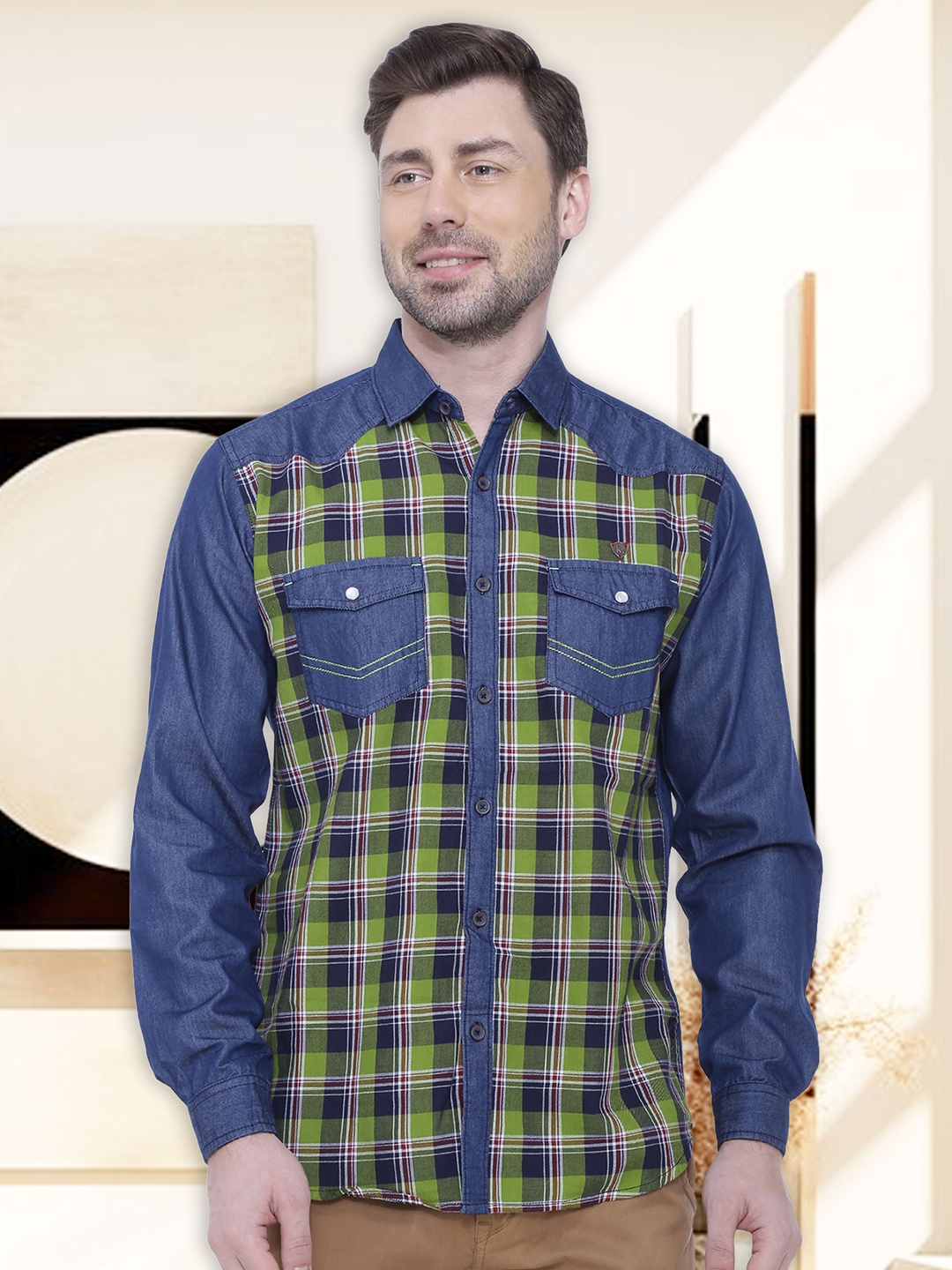 

Kuons Avenue Men Green Smart Slim Fit Checked Casual Shirt