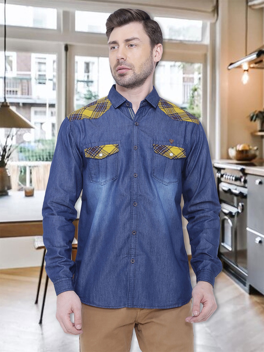 

Kuons Avenue Men Yellow Smart Slim Fit Denim Cotton Casual Shirt