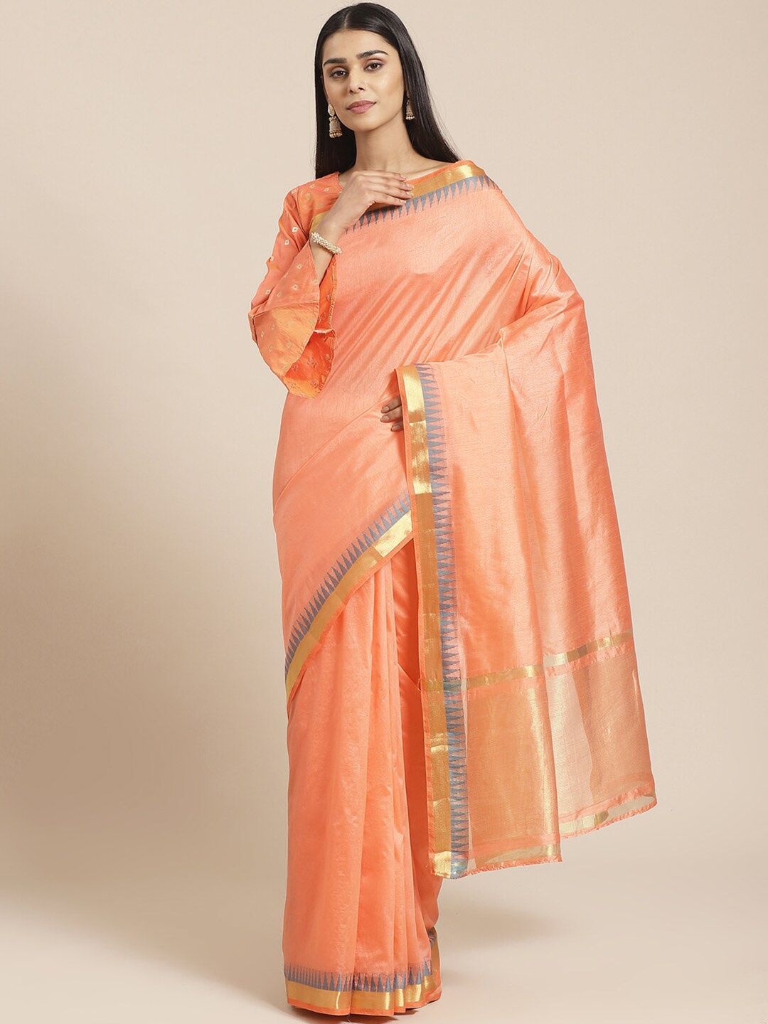 

KALINI Peach-Coloured & Gold-Toned Zari Narayan Peth Saree