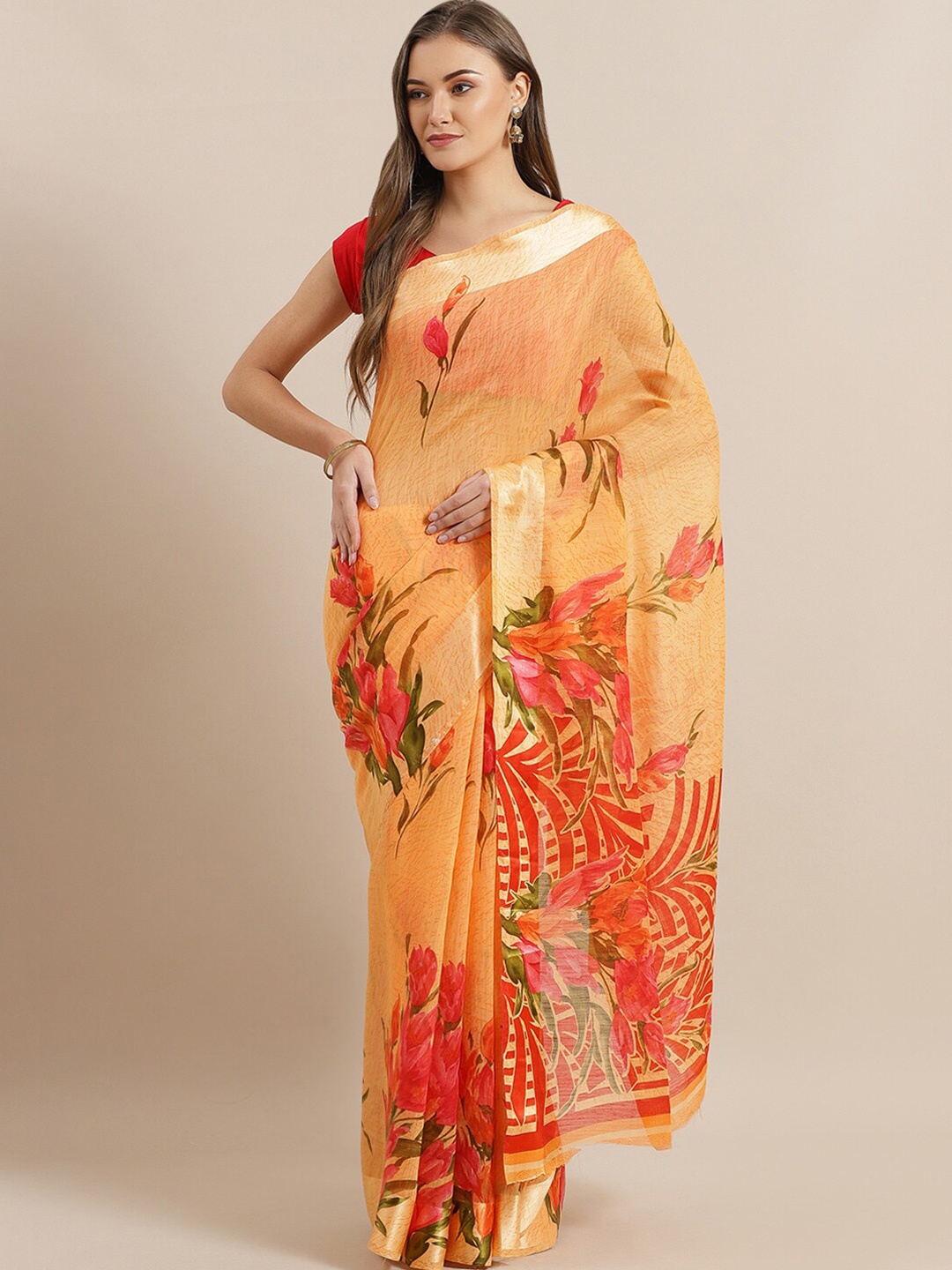 

KALINI Orange & Red Floral Printed Bhagalpuri Saree