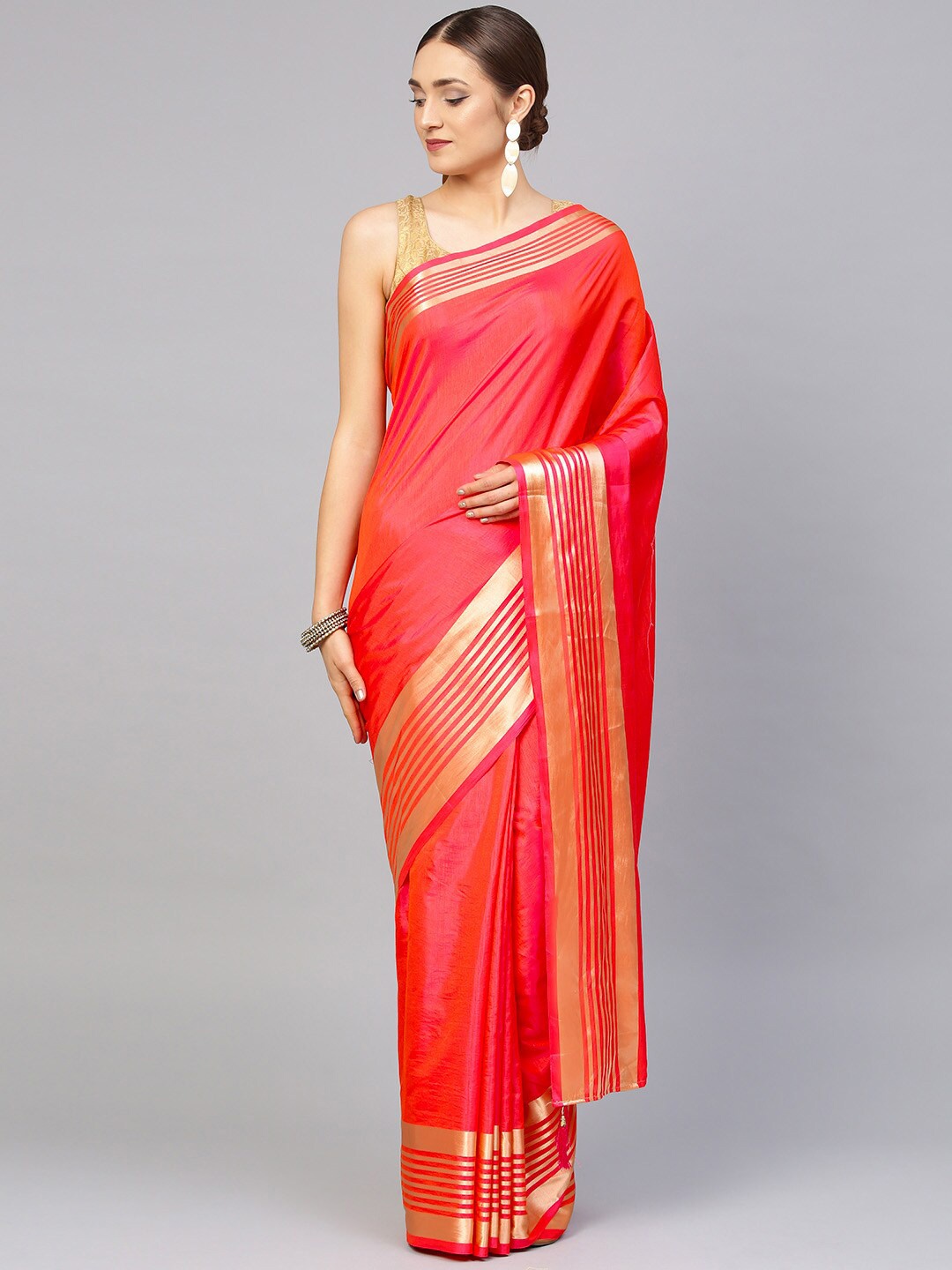 

KALINI Fuchsia & Gold-Toned Zari Art Silk Leheriya Saree