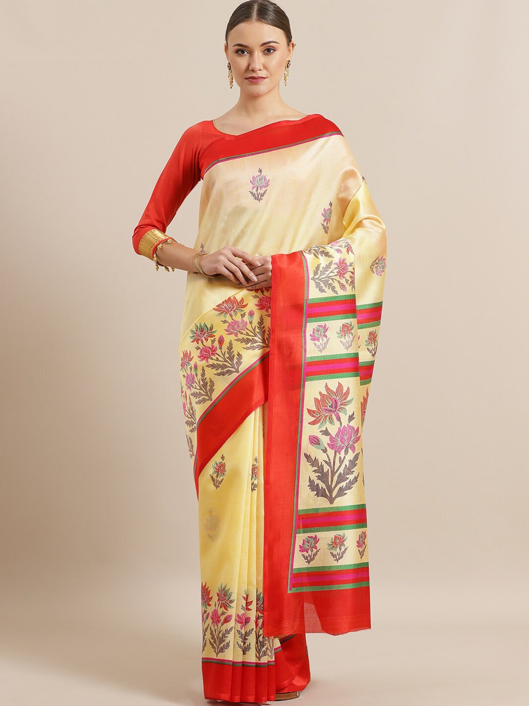 

KALINI Women Yellow Floral Digital Print Silk Cotton Bhagalpuri Saree