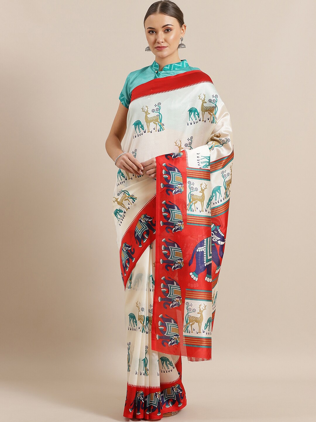 

KALINI White & Red Ethnic Motifs Silk Cotton Bhagalpuri Saree