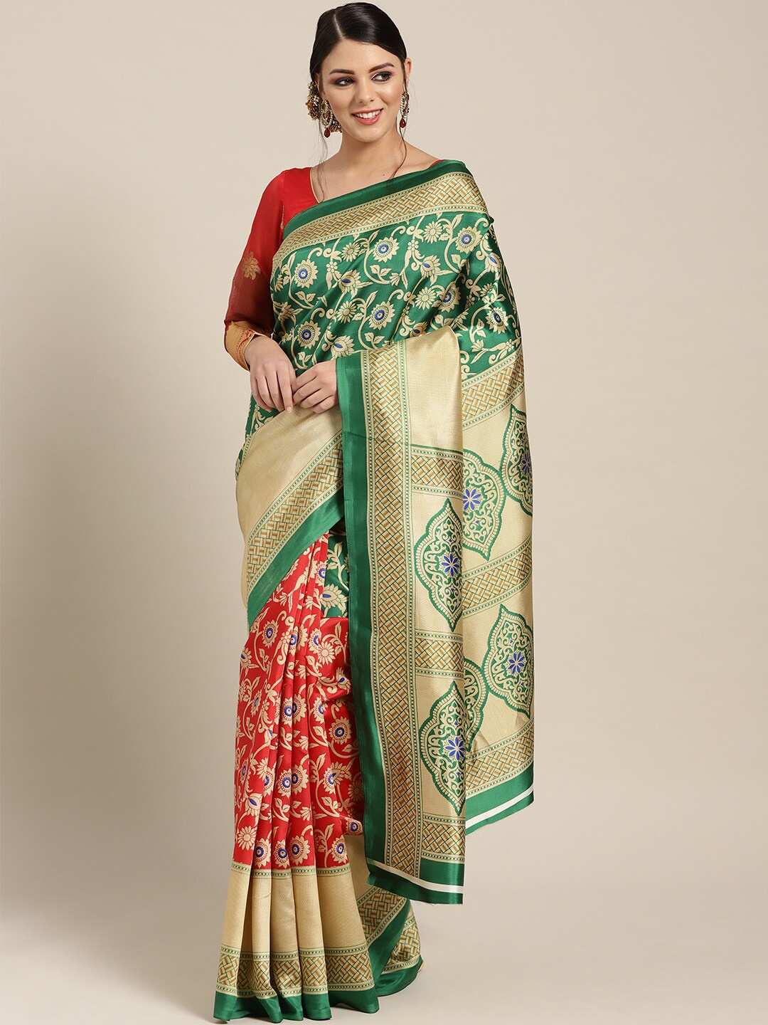 

KALINI Red & Green Floral Zari Art Silk Patola Saree