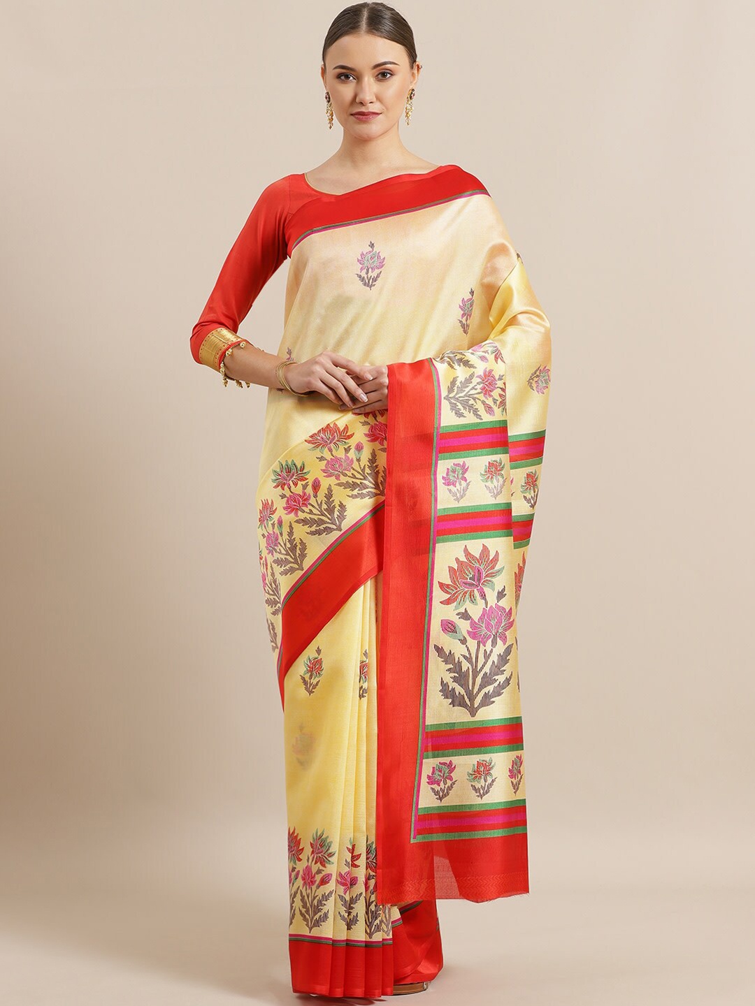 

KALINI Red & Cream-Coloured Ethnic Motifs Art Silk Bhagalpuri Saree