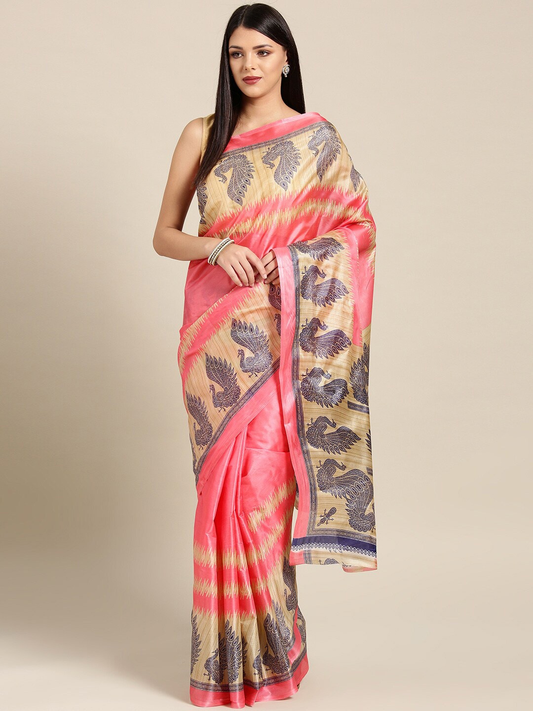 

KALINI Pink & Beige Ethnic Motifs Bhagalpuri Saree