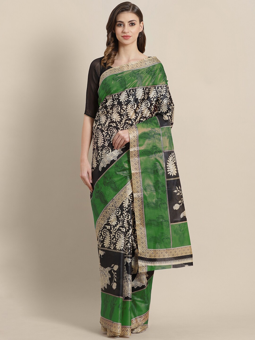 

KALINI Green & Black Ethnic Motifs Printed Tussar Saree