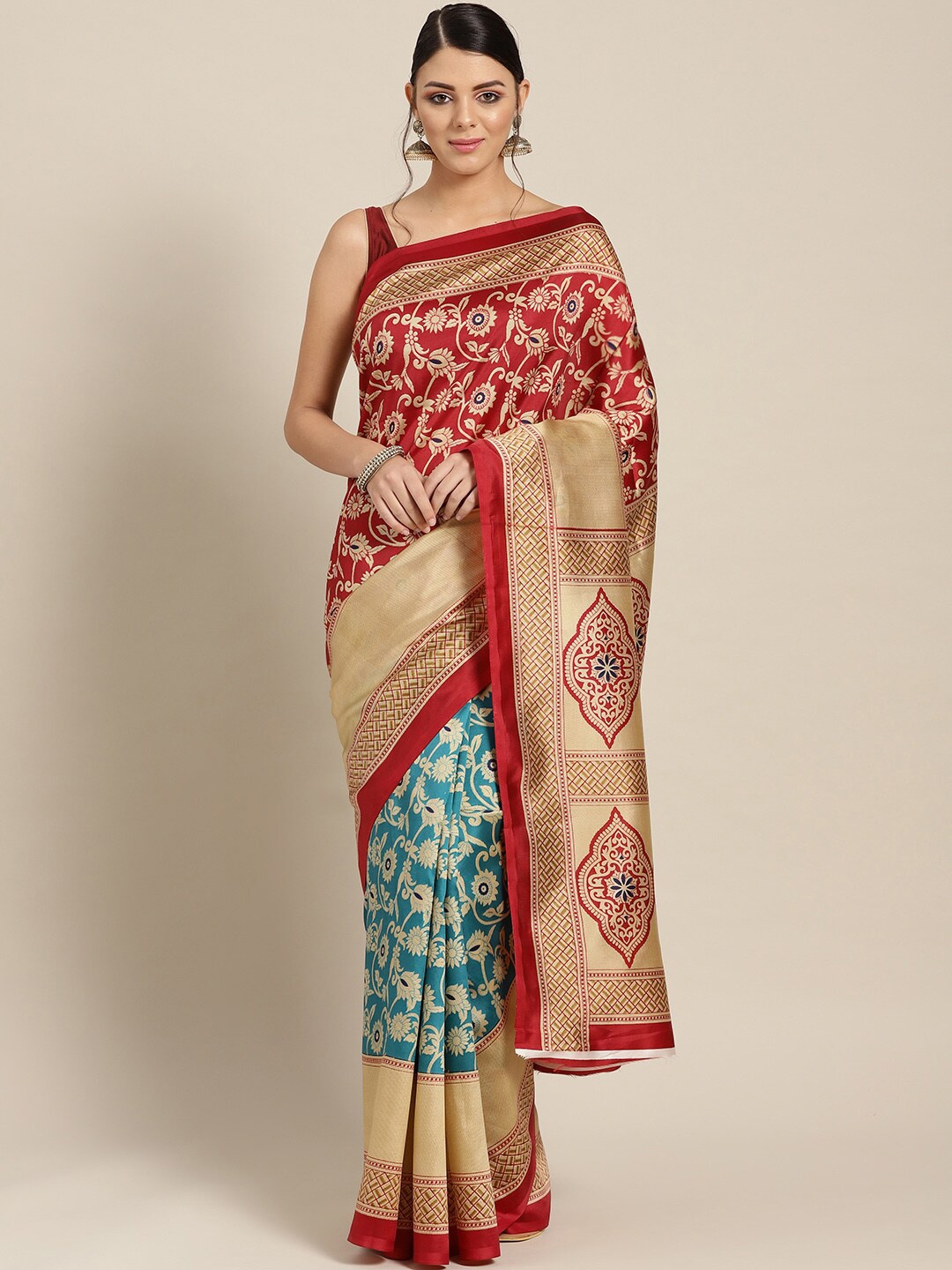 

KALINI Teal & Red Floral Art Silk Half and Half Patola Saree