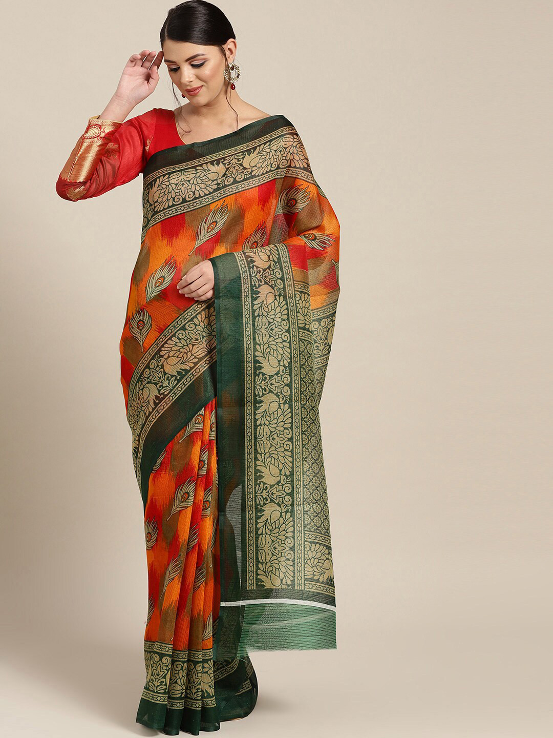 

KALINI Green & Orange Ethnic Motifs Zari Silk Cotton Patola Saree