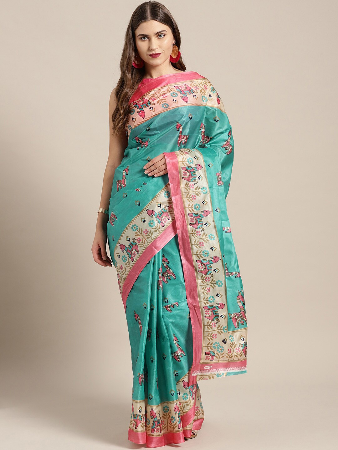 

KALINI Turquoise Blue & Pink Floral Bhagalpuri Saree