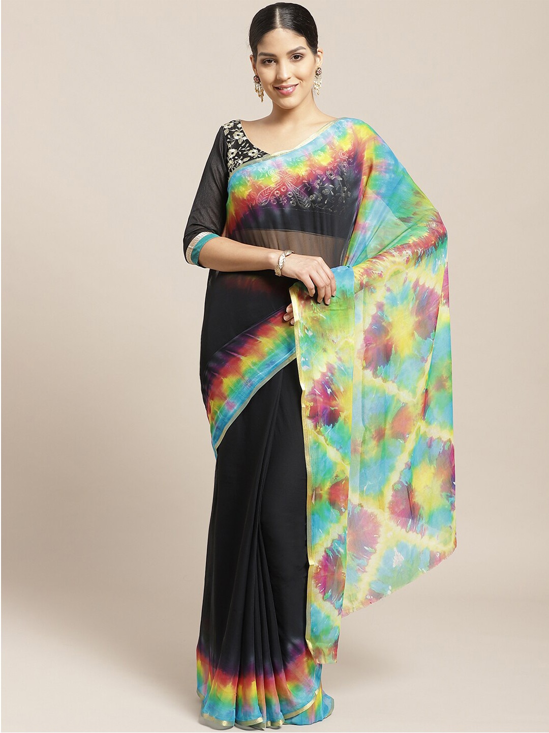 

KALINI Black & Yellow Tie & Dye Bandhani Saree