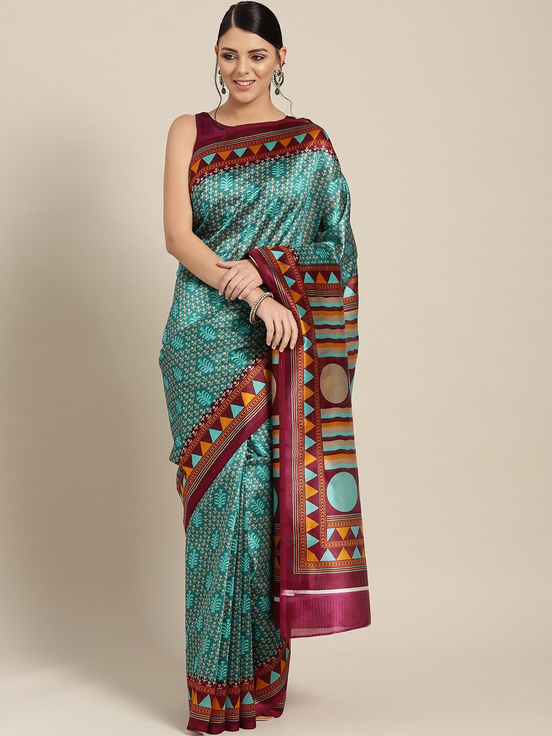 

KALINI Turquoise Blue & Maroon Art Silk Patola Saree