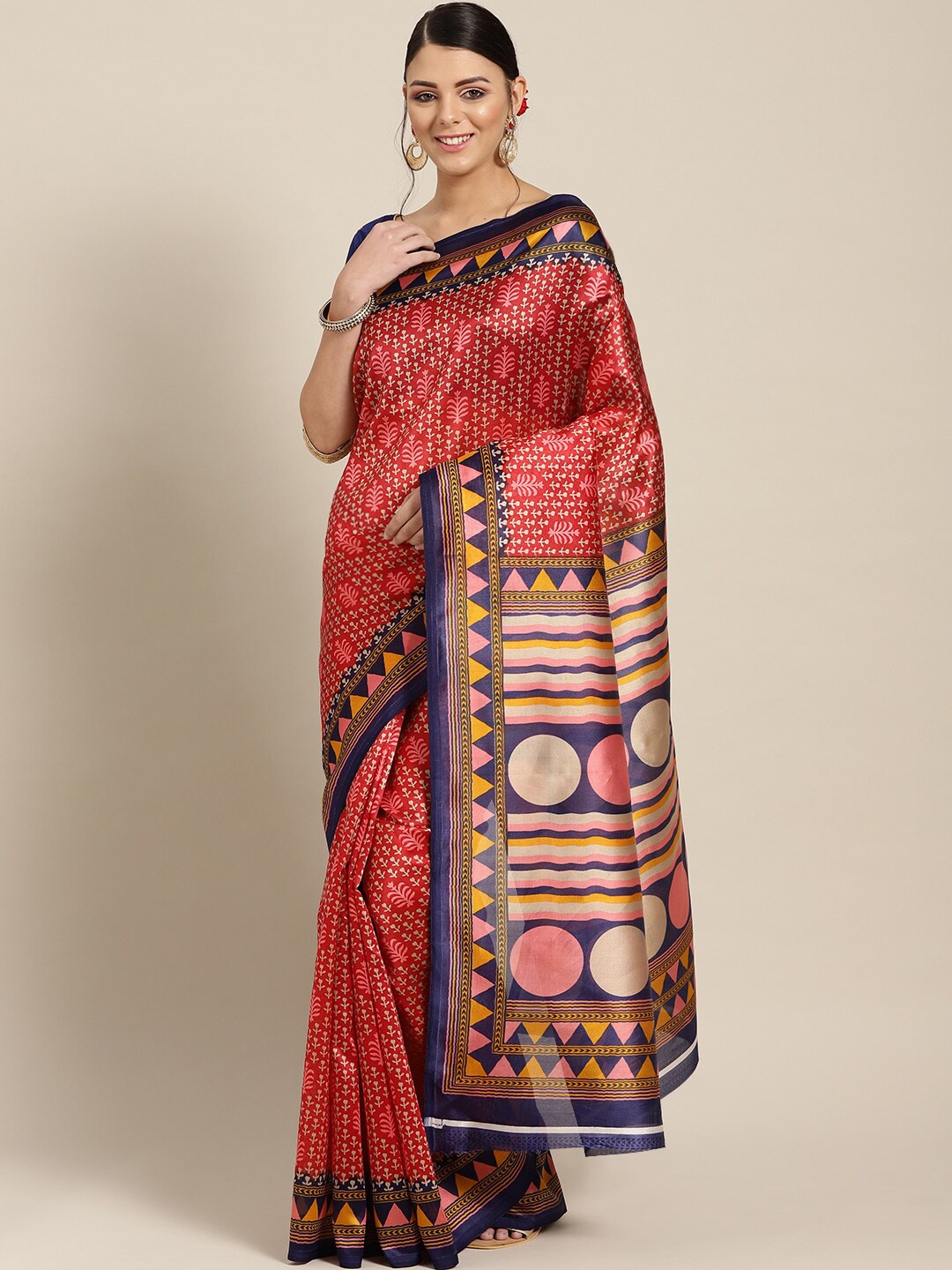 

KALINI Red & Yellow Ethnic Motifs Art Silk Patola Saree