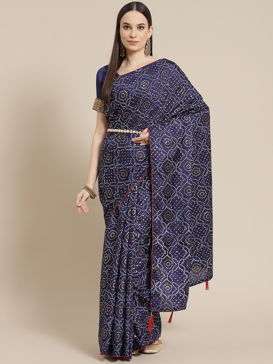 

KALINI Navy Blue & White Bandhani Beads & Stone Saree