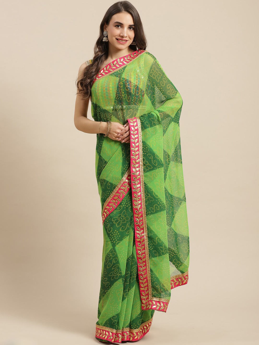 

KALINI Green & Red Bandhani Gotta Patti Bandhani Saree