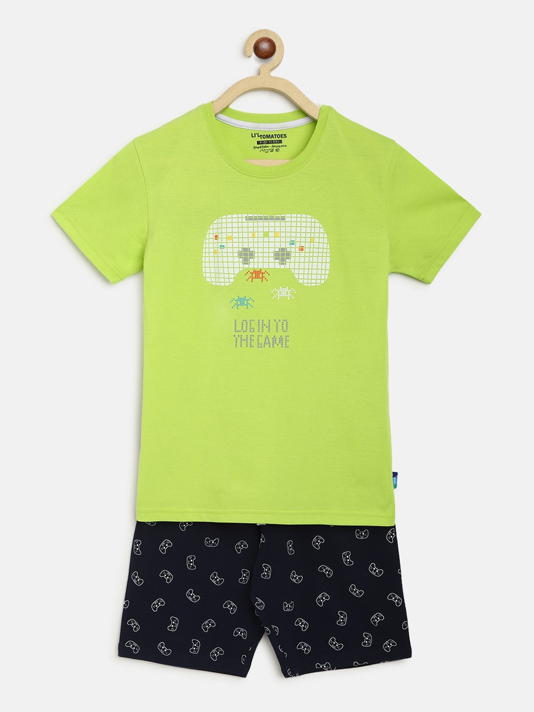 

Lil Tomatoes Boys Lime Green & Black Printed Night suit