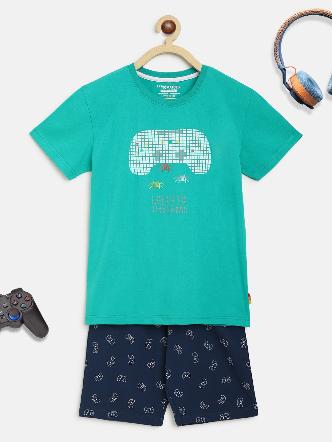 

Lil Tomatoes Boys Green Graphic Print Night Suit