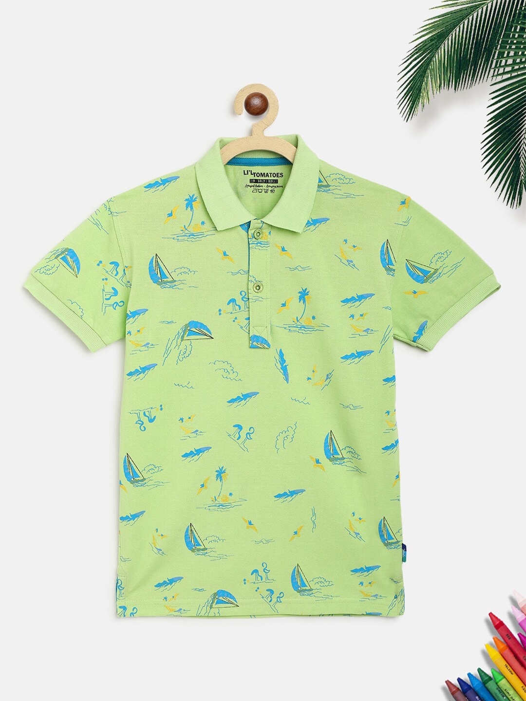 

Lil Tomatoes Boys Green & Blue Printed Polo Collar Tropical Outdoor T-shirt