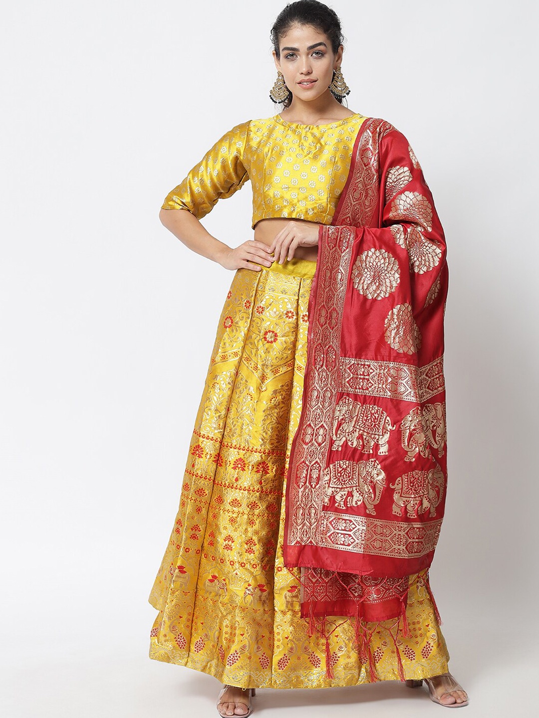 

DIVASTRI Women Yellow & Red Woven Design Semi-Stitched Lehenga Choli With Dupatta