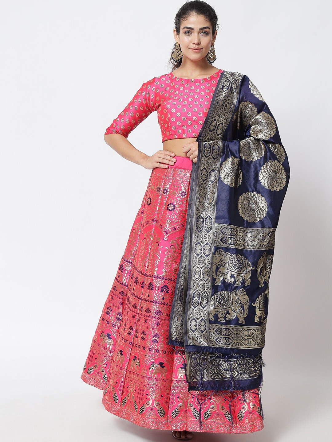 

DIVASTRI Pink & Navy Blue Semi-Stitched Lehenga & Unstitched Blouse With Dupatta