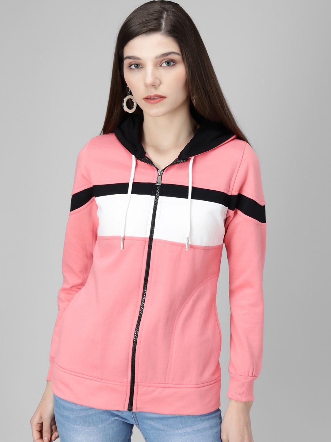 

Darzi Women Pink White Colourblocked Fleece Bomber Jacket