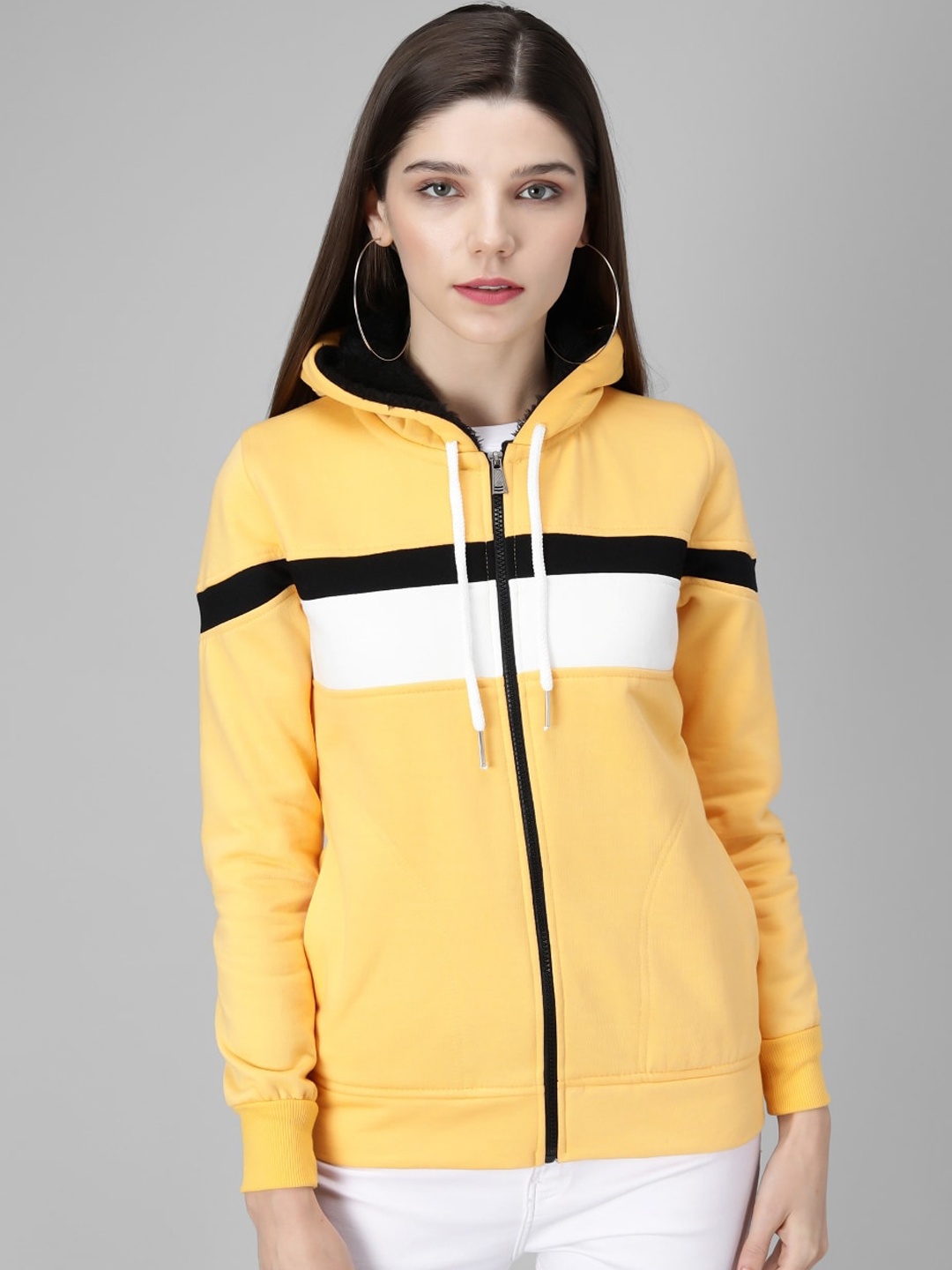 

Darzi Women Yellow Striped Fleece Tailored Jacket
