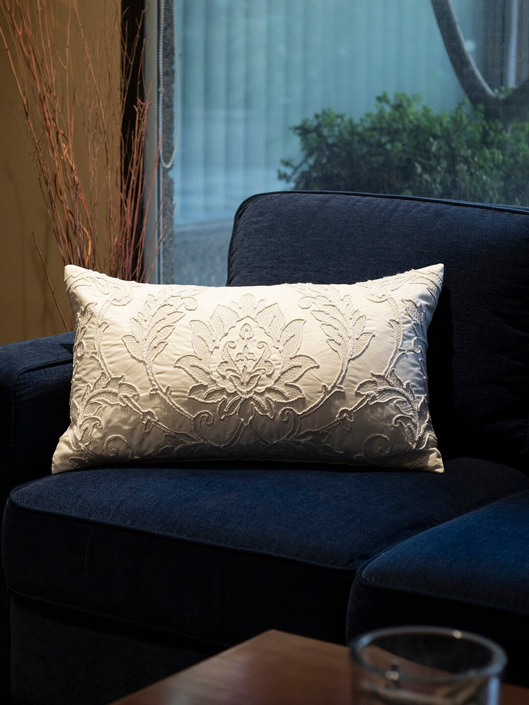 

MASPAR Beige Floral Rectangle Embroidered Nostalgic Attire Cushion Cover