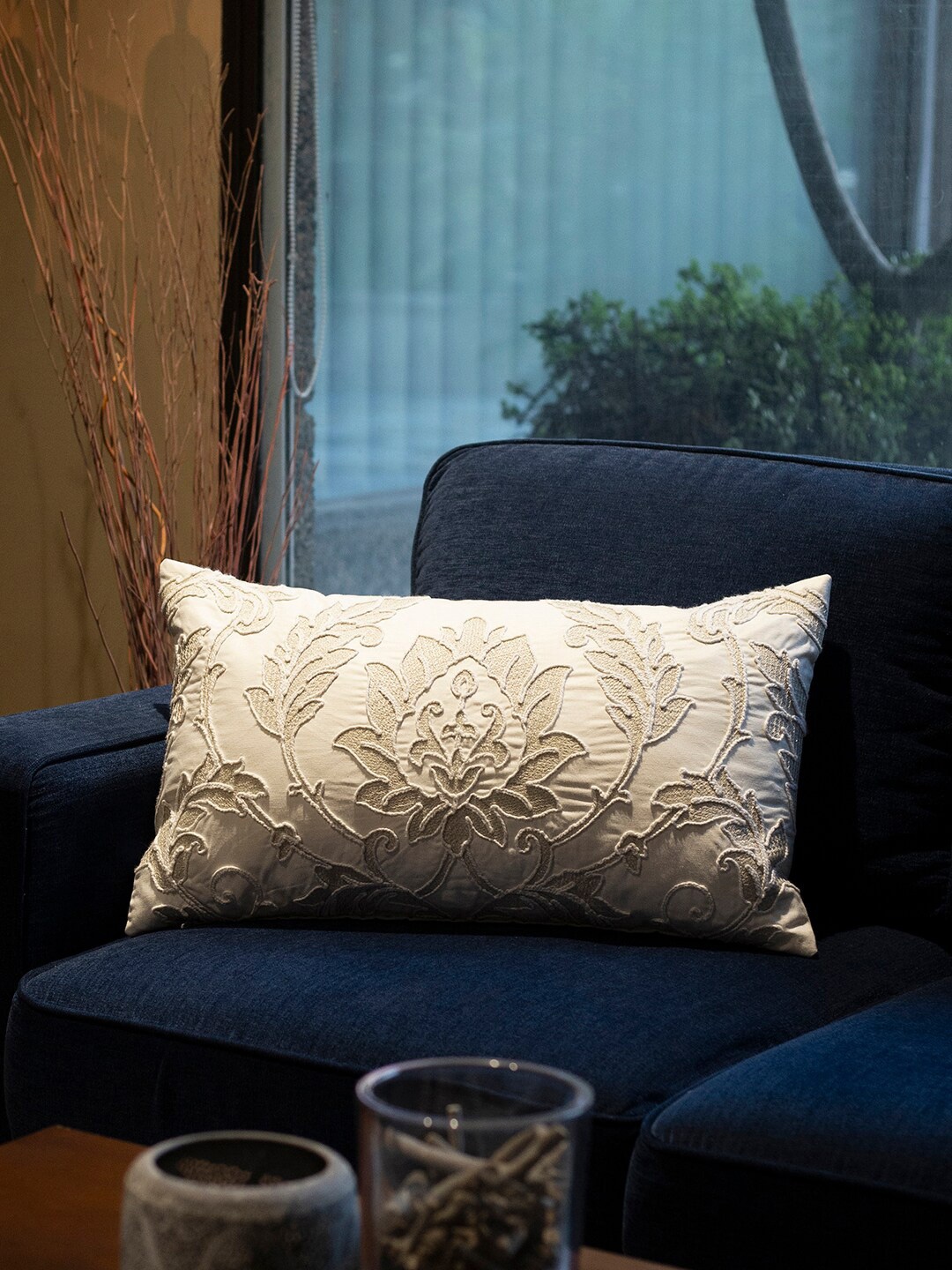 

MASPAR Silver-Toned & White Embroidered Cotton Rectangle Cushion Cover