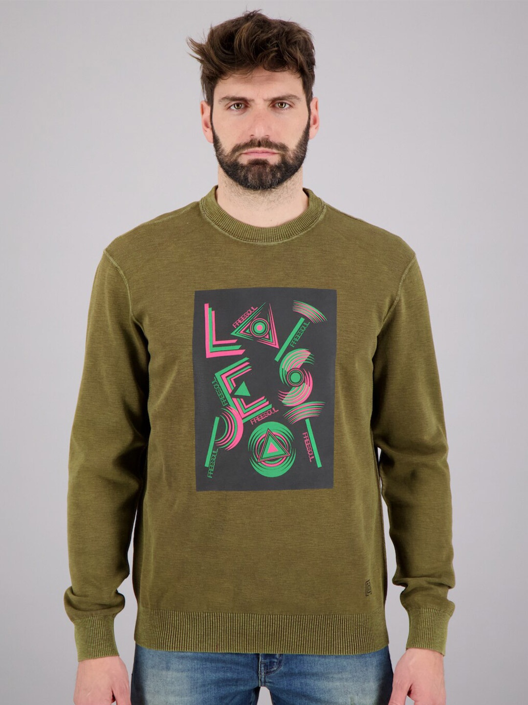 

FREESOUL Men Khaki Printed Cotton Sweatshirt