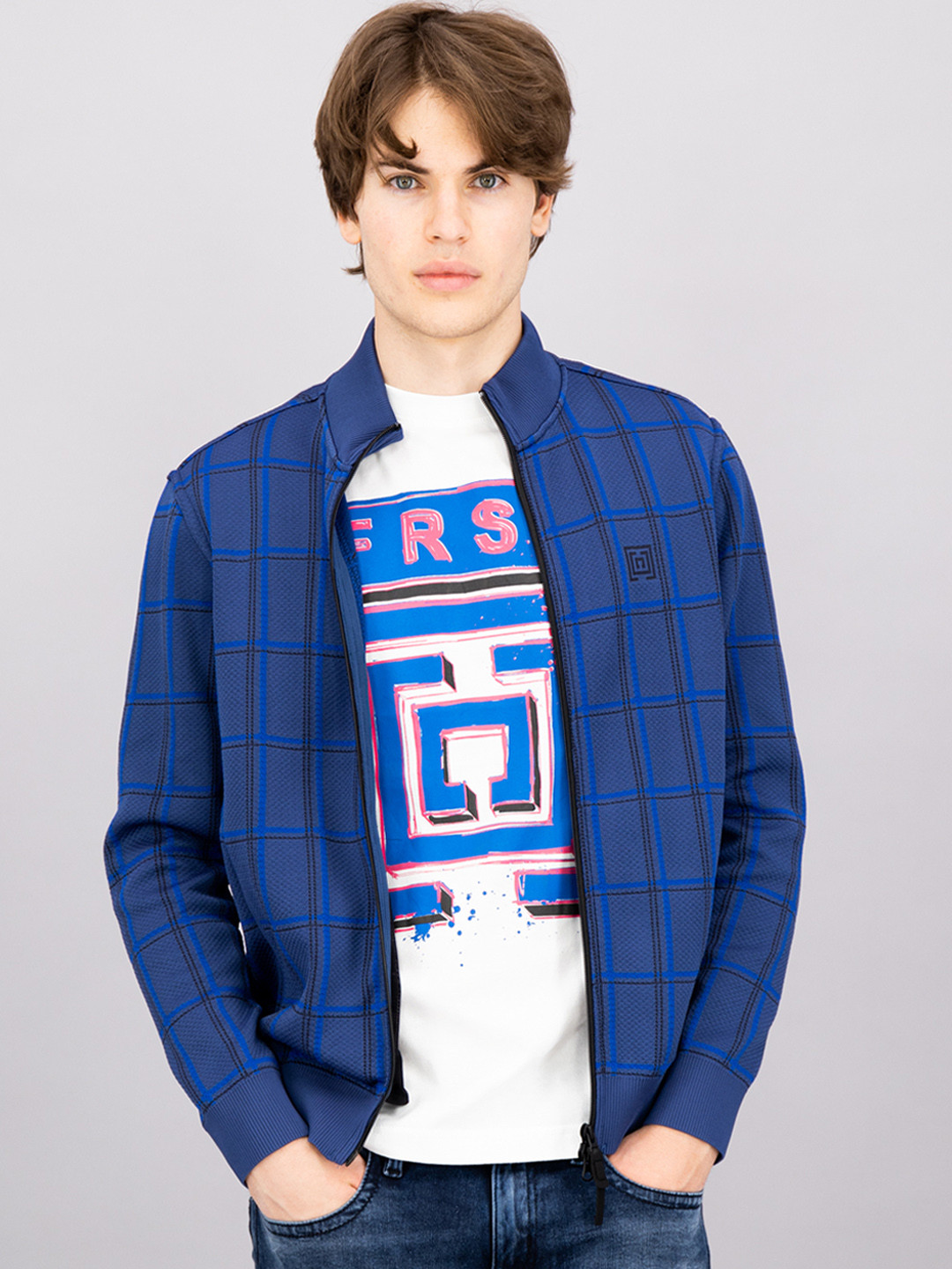 

FREESOUL Men Blue Checked Sweatshirt