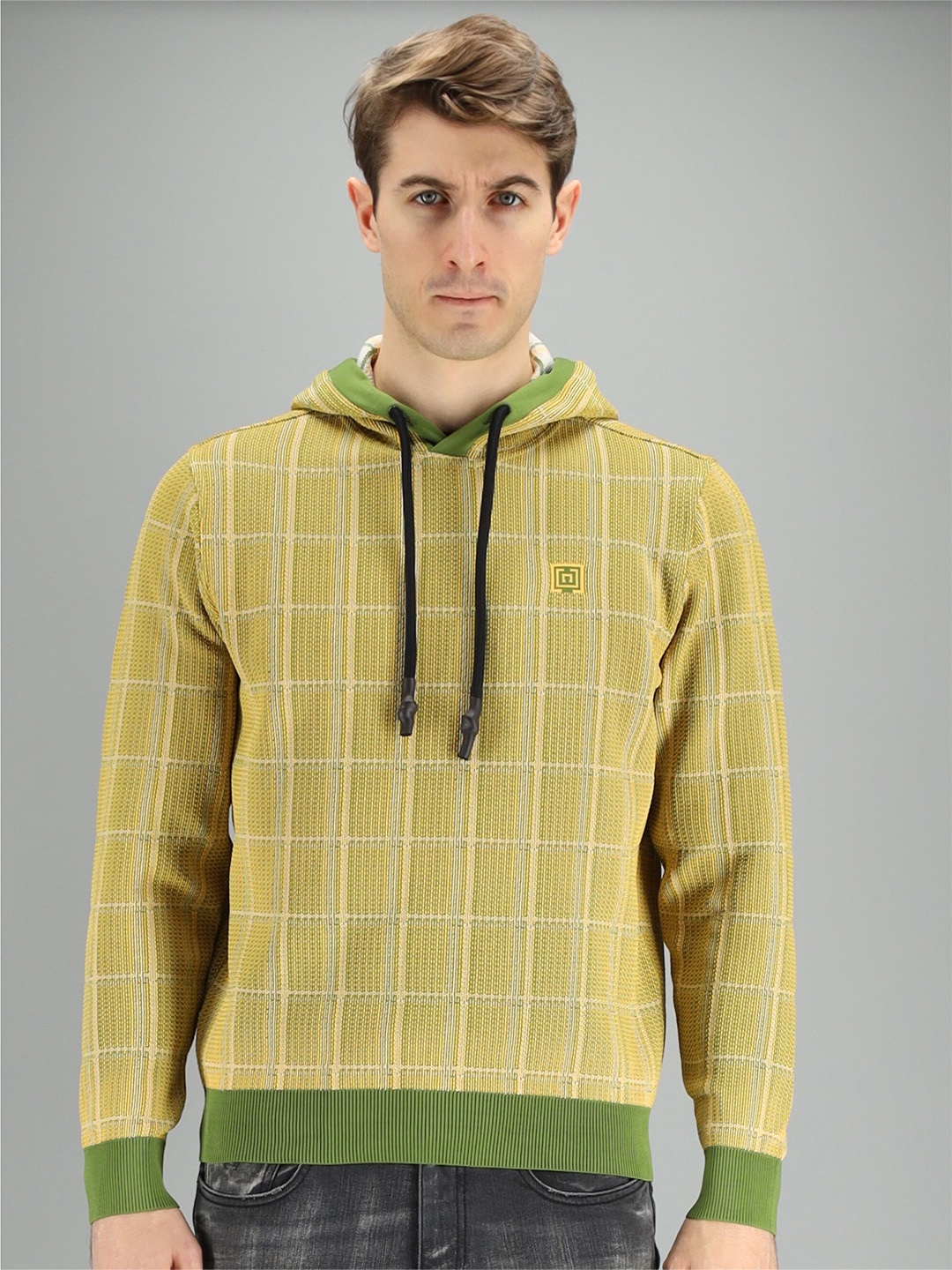 

FREESOUL Men Yellow Checked Hooded Sweatshirt