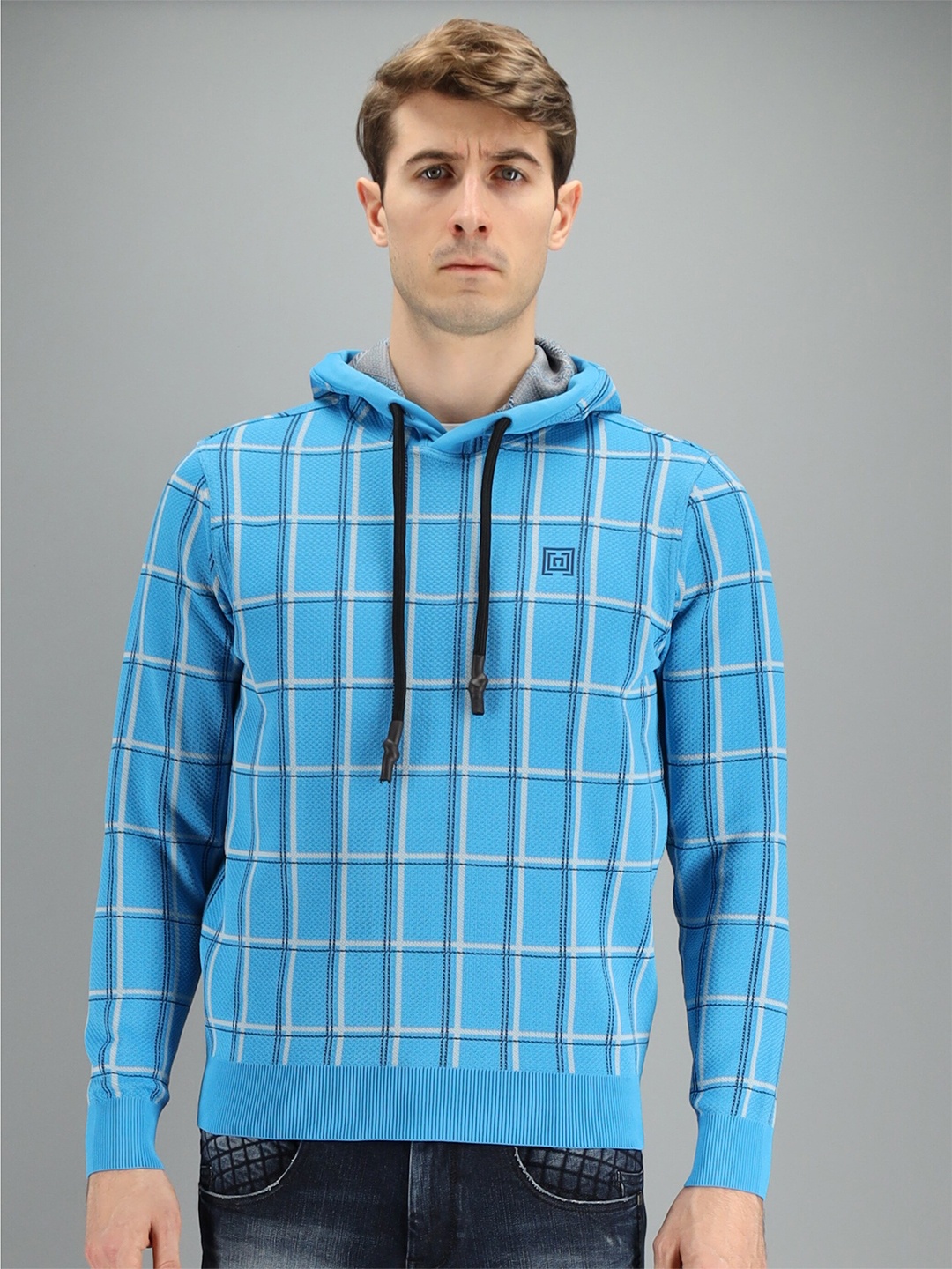 

FREESOUL Men Blue Checked Hooded Sweatshirt
