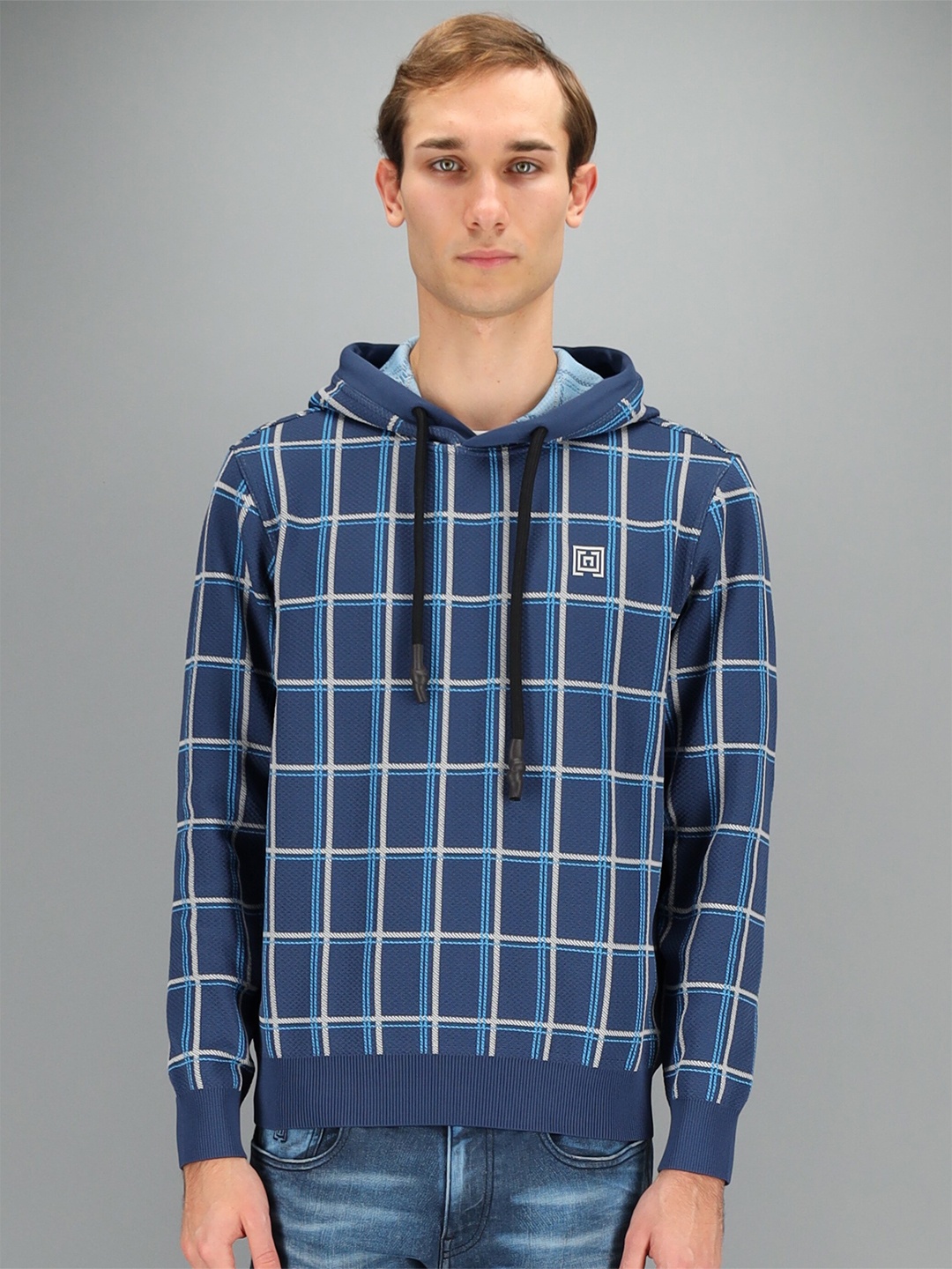 

FREESOUL Men Blue Checked Hooded Sweatshirt