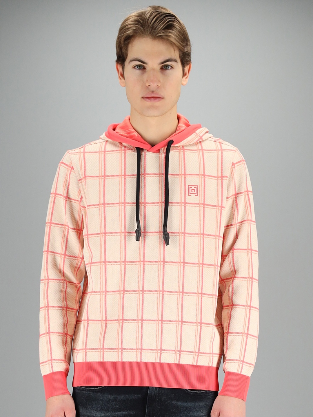 

FREESOUL Men Cream-Coloured Checked Hooded Sweatshirt