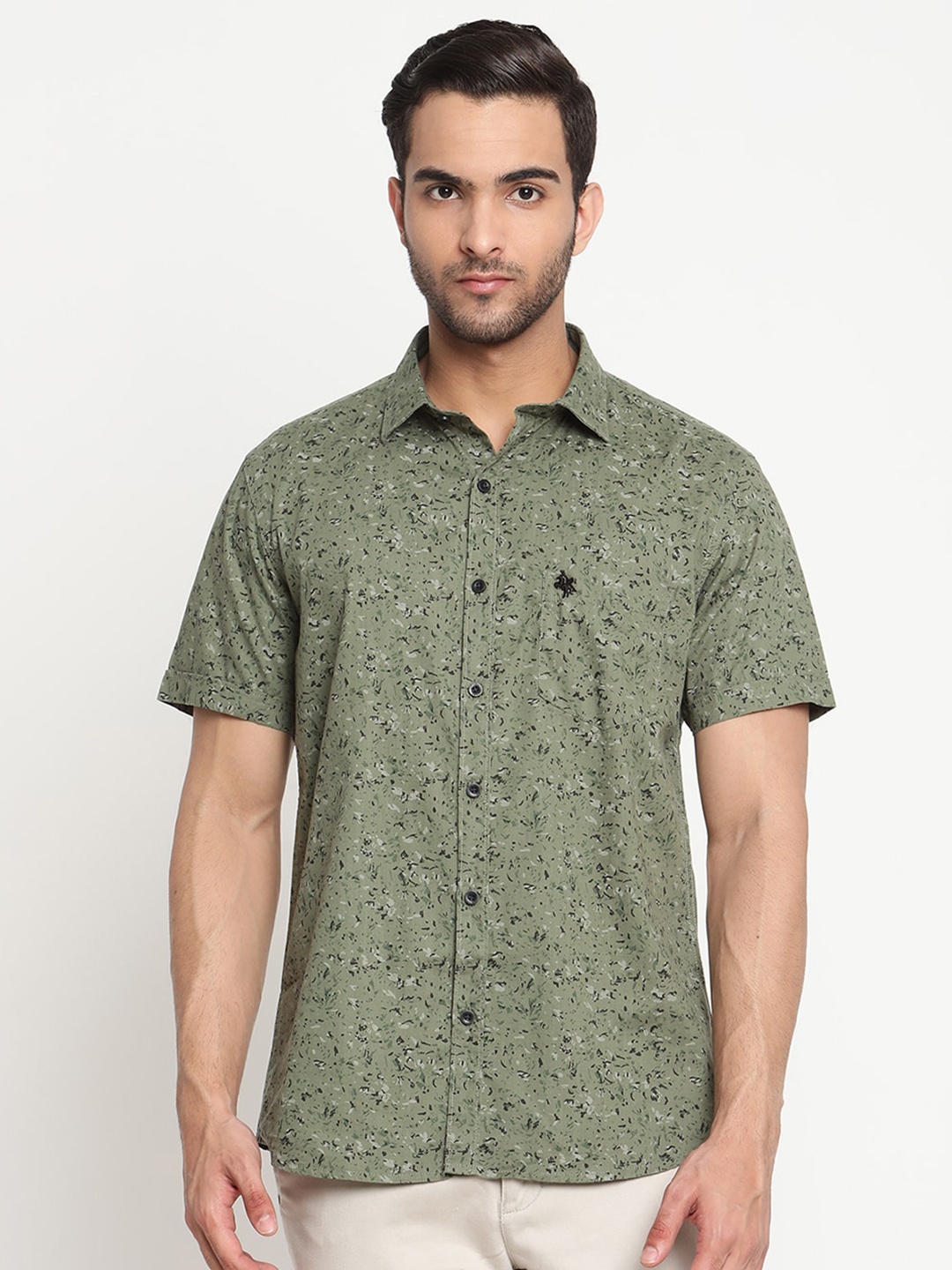 

Cantabil Men Olive Green Original Semi Sheer Printed Casual Shirt