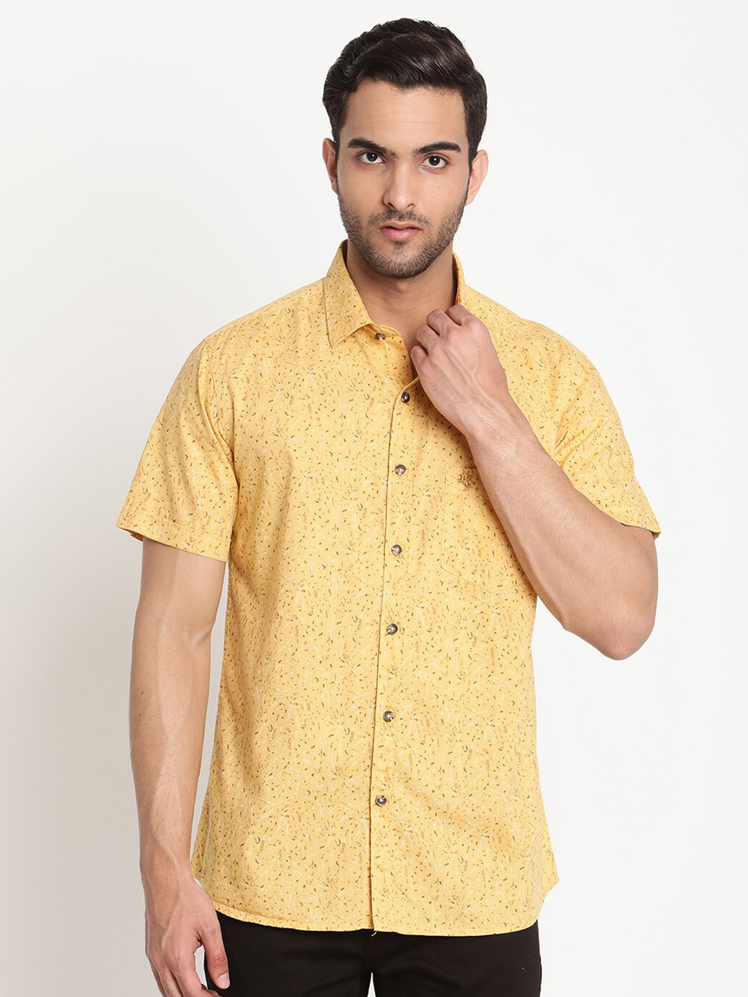 

Cantabil Men Yellow Original Semi Sheer Printed Casual Shirt