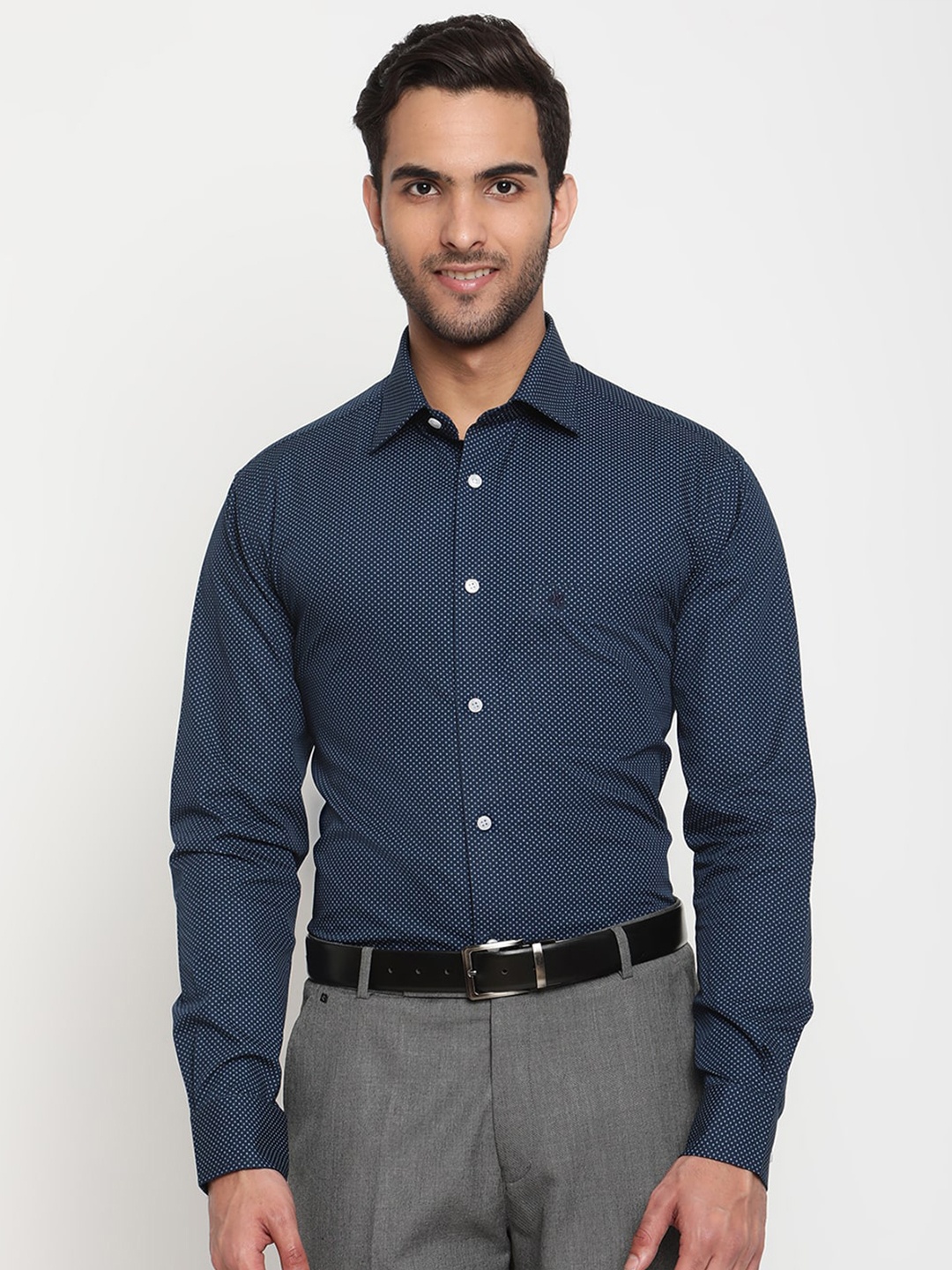 

Cantabil Men Navy Blue Original Micro Checks Semi Sheer Striped Formal Shirt